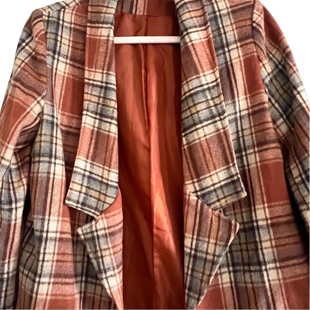 Women's Copper Orange Plaid Preppy Lapel Collar Long Blazer Jacket Size Small - Picture 5 of 8